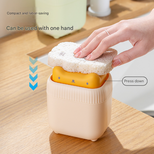 2 Pcs Yellow Cute Cat Press-to-Dispense Soap Pump & Sponge Caddy for Kitchen Sink - Image 2