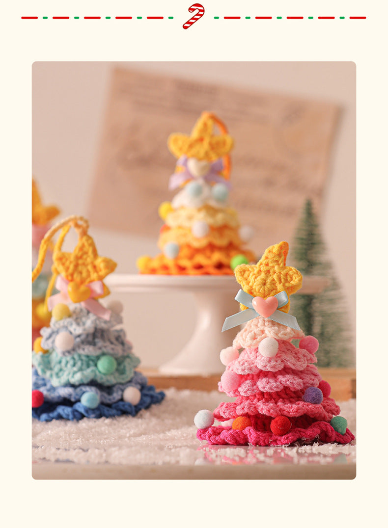 2 Pcs Style A Yellow and Pink Handmade Crochet Christmas Tree Ornament - Festive Hanging Decoration with Jingle Bell - Image 4