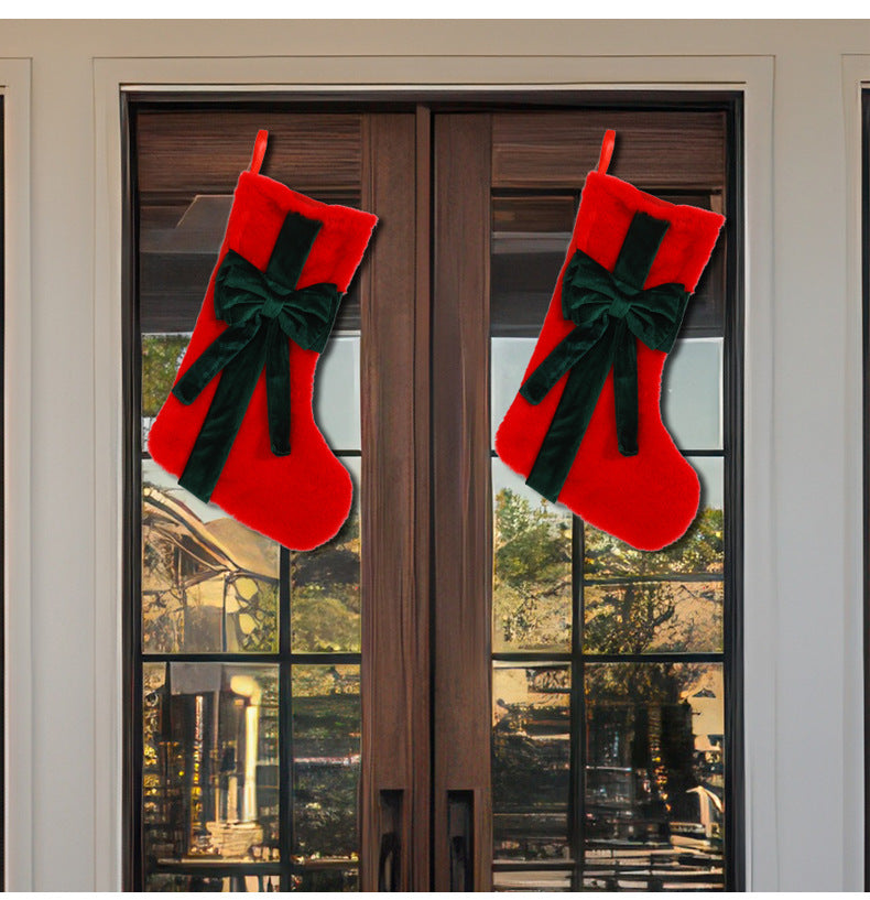 2 Pcs Red Stitching White Bow Luxurious Velvet Christmas Stocking with Elegant Bow - Large 45cm Holiday Mantel Decoration - Image 3