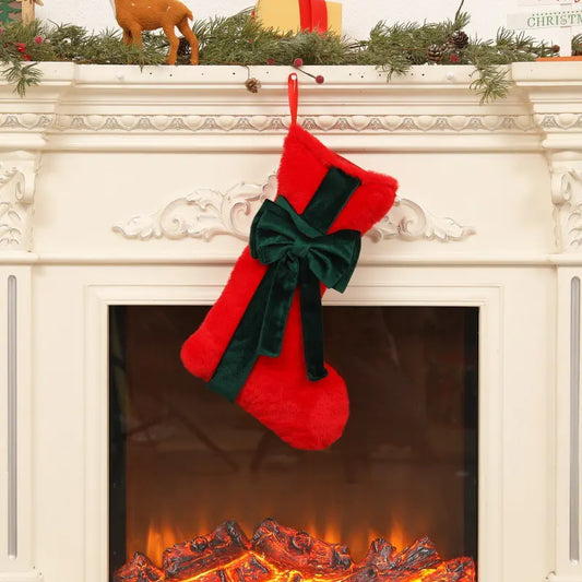 2 Pcs Red Stitching Green Bow Luxurious Velvet Christmas Stocking with Elegant Bow - Large 45cm Holiday Mantel Decoration