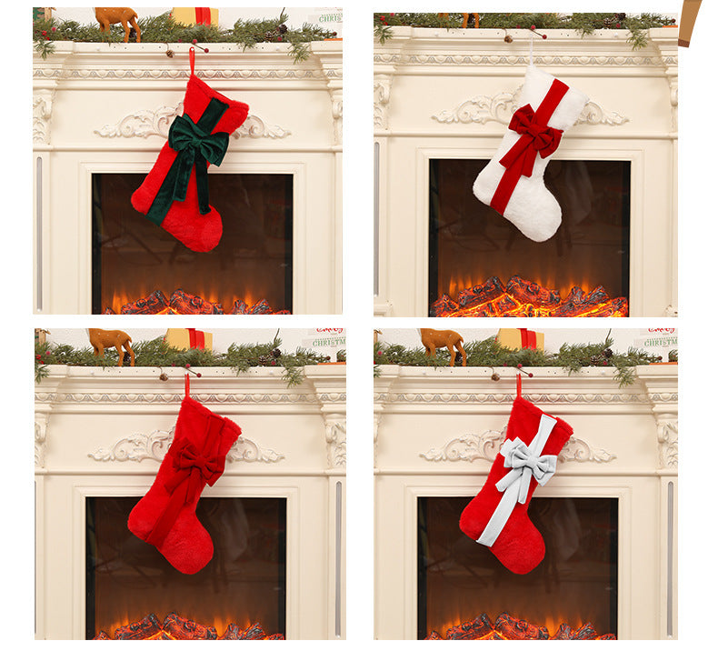 2 Pcs Red Stitching Green Bow Luxurious Velvet Christmas Stocking with Elegant Bow - Large 45cm Holiday Mantel Decoration - Image 2