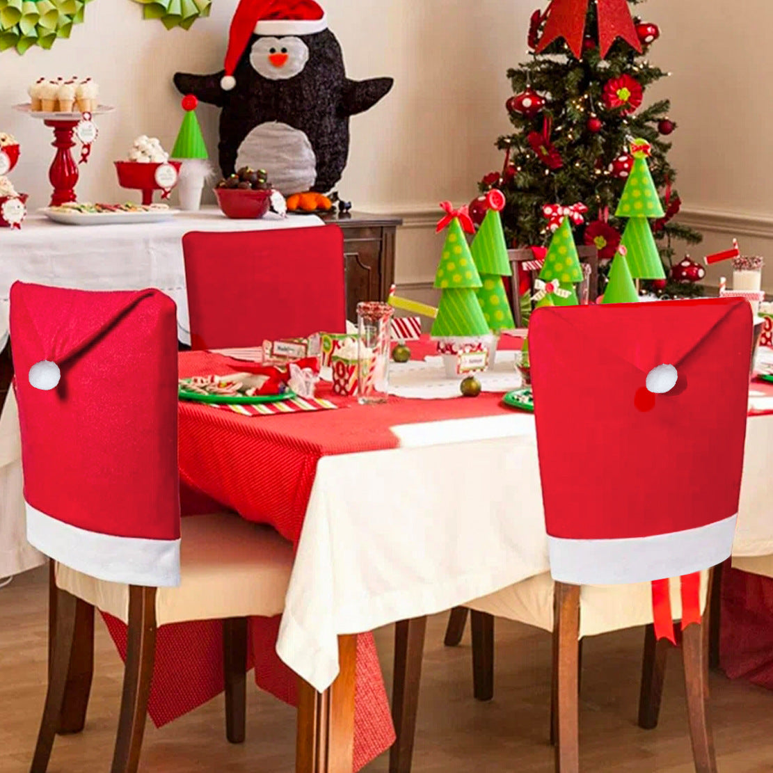 Red Festive Santa Hat Dining Chair Covers - Set of 8 for Holiday Party Decoration - Image 2
