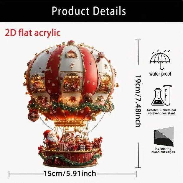 Red Whimsical Santa's Hot Air Balloon Ornament - 2D Flat Acrylic Hanging Decoration for Wall & Tree - Image 2