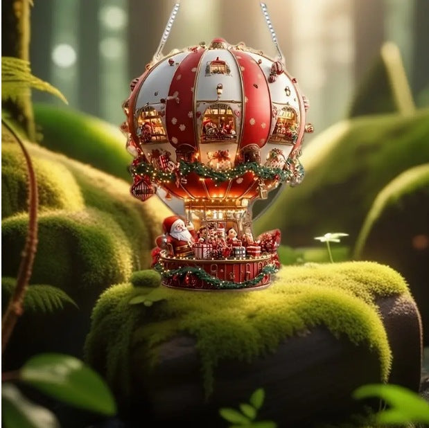 Red Whimsical Santa's Hot Air Balloon Ornament - 2D Flat Acrylic Hanging Decoration for Wall & Tree - Image 3