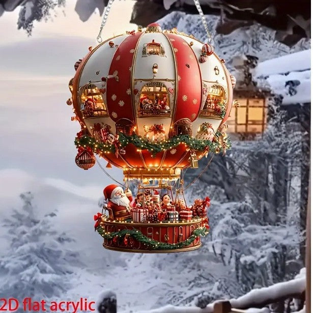 Red Whimsical Santa's Hot Air Balloon Ornament - 2D Flat Acrylic Hanging Decoration for Wall & Tree - Image 4