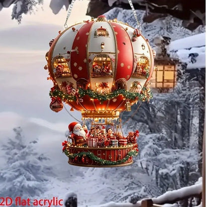 Red Whimsical Santa's Hot Air Balloon Ornament - 2D Flat Acrylic Hanging Decoration for Wall & Tree - Image 4