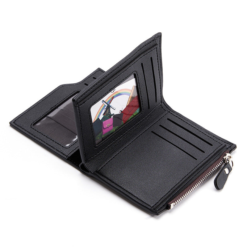 Black Men's Slim Vertical Bifold Wallet - PU Leather Card Holder with Zipper Coin Pocket and ID Window - Image 3