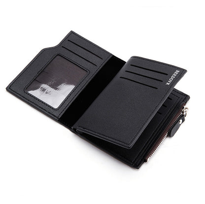 Black Men's Slim Vertical Bifold Wallet - PU Leather Card Holder with Zipper Coin Pocket and ID Window - Image 4