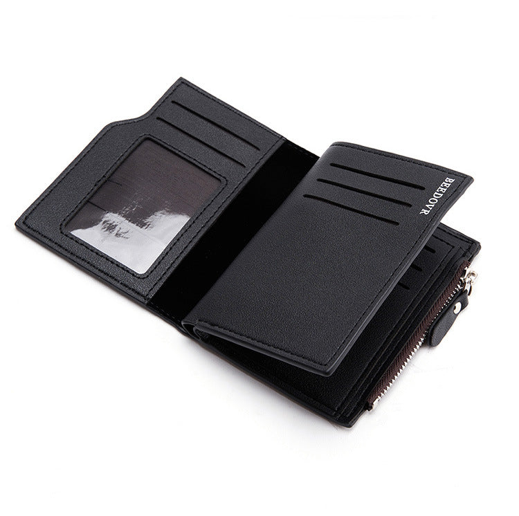 Brown Men's Slim Vertical Bifold Wallet - PU Leather Card Holder with Zipper Coin Pocket and ID Window - Image 4