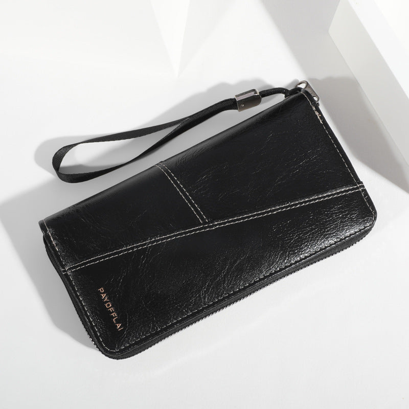 Black Men's Long Zipper Wallet Clutch - PU Leather Wristlet with Phone and Card Slots - Image 2