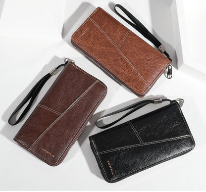 Coffee Men's Long Zipper Wallet Clutch - PU Leather Wristlet with Phone and Card Slots - Image 2