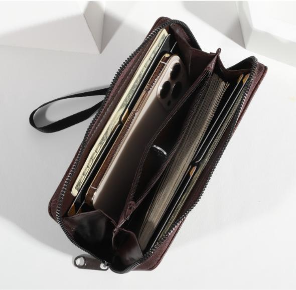 Coffee Men's Long Zipper Wallet Clutch - PU Leather Wristlet with Phone and Card Slots - Image 4