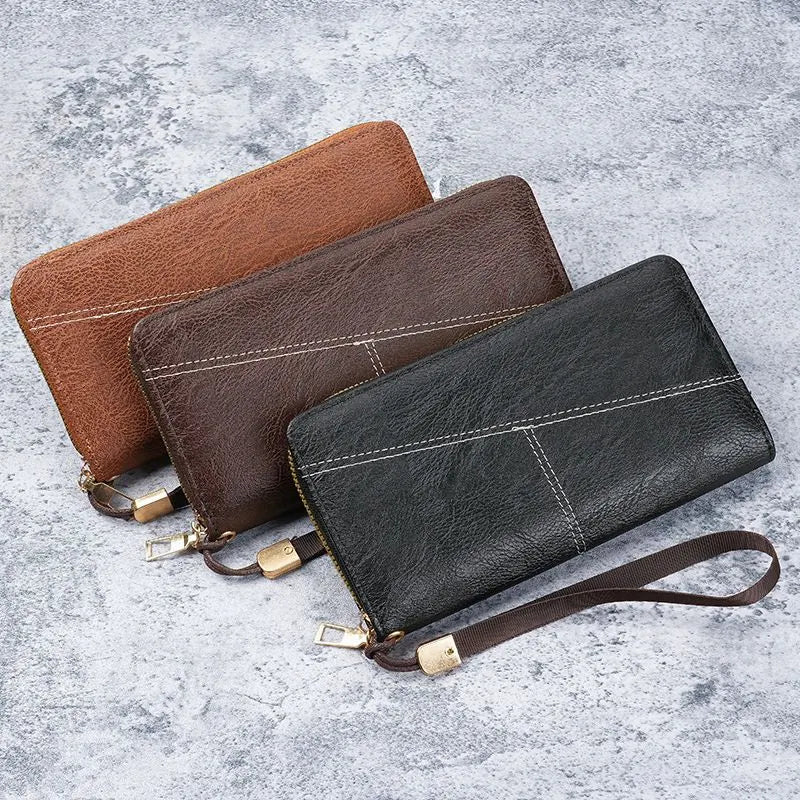 Brown Men's Long Zipper Wallet Clutch - PU Leather Wristlet with Phone and Card Slots - Image 2
