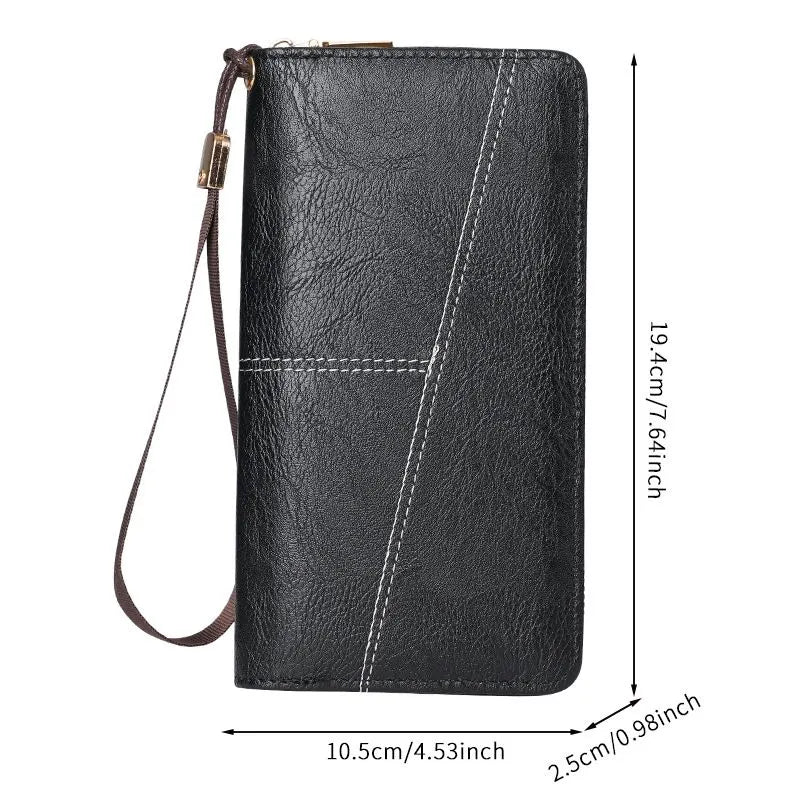 Brown Men's Long Zipper Wallet Clutch - PU Leather Wristlet with Phone and Card Slots - Image 4