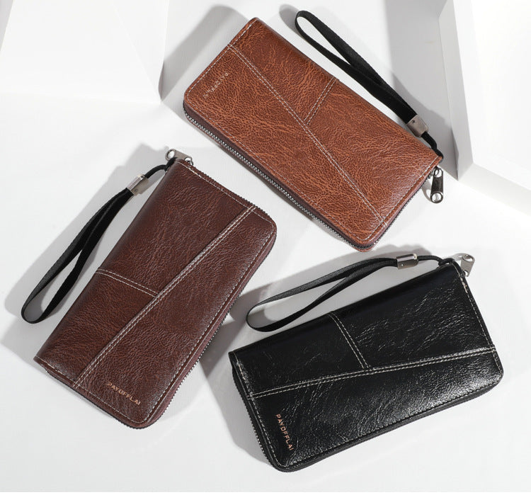 Brown Men's Long Zipper Wallet Clutch - PU Leather Wristlet with Phone and Card Slots - Image 2