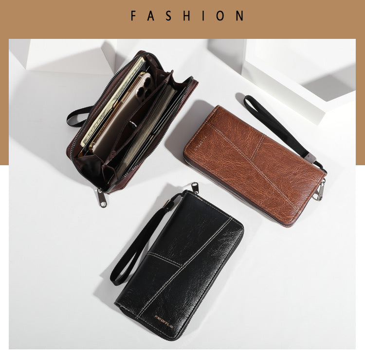 Brown Men's Long Zipper Wallet Clutch - PU Leather Wristlet with Phone and Card Slots - Image 3