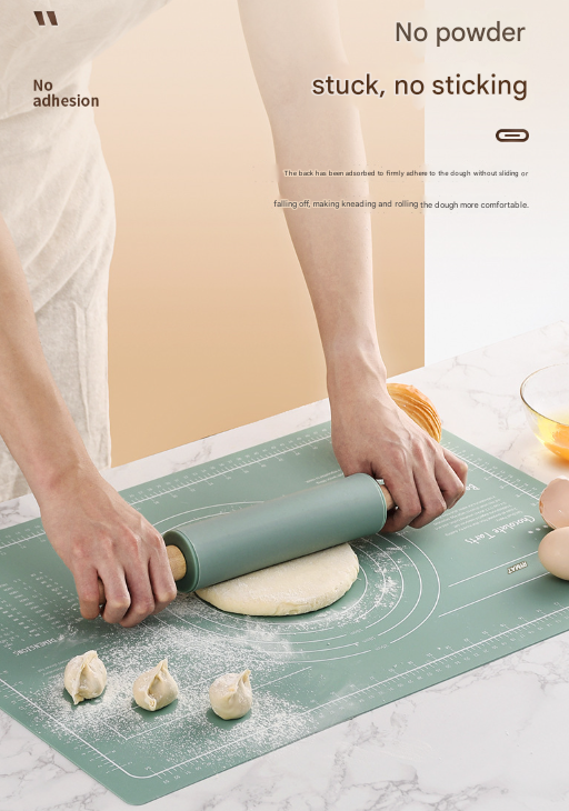 Green 3-Piece Silicone Baking Set - Non-Stick Pastry Mat with Measurements, Rolling Pin & Dough Scraper - Image 4