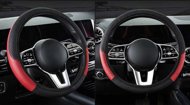 2-Pack (Type A + Type B) Beige And Black Sporty Carbon Fiber Leather Steering Wheel Cover - Universal 38cm Easy-Fit Elastic Grip - Image 3