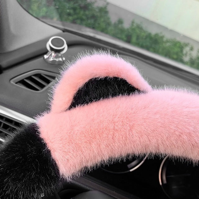 Pink Stitching Black Plush Cat Ear Steering Wheel Cover - Cute & Fuzzy Winter Grip, Universal 38cm Fit - Image 3