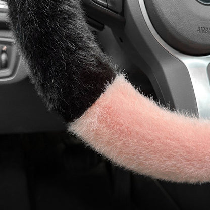 Pink Stitching Black Plush Cat Ear Steering Wheel Cover - Cute & Fuzzy Winter Grip, Universal 38cm Fit - Image 4