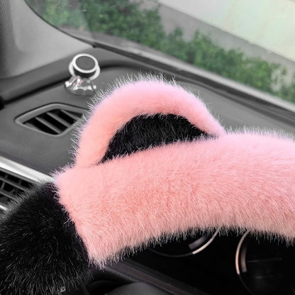 Blue Stitching White Plush Cat Ear Steering Wheel Cover - Cute & Fuzzy Winter Grip, Universal 38cm Fit - Image 3