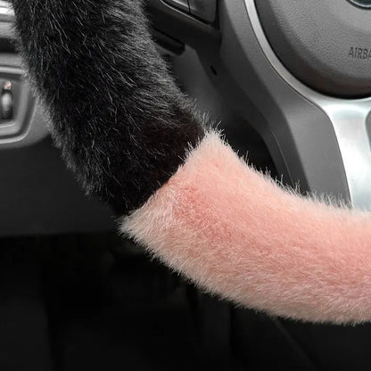 Black Plush Cat Ear Steering Wheel Cover - Cute & Fuzzy Winter Grip, Universal 38cm Fit - Image 4
