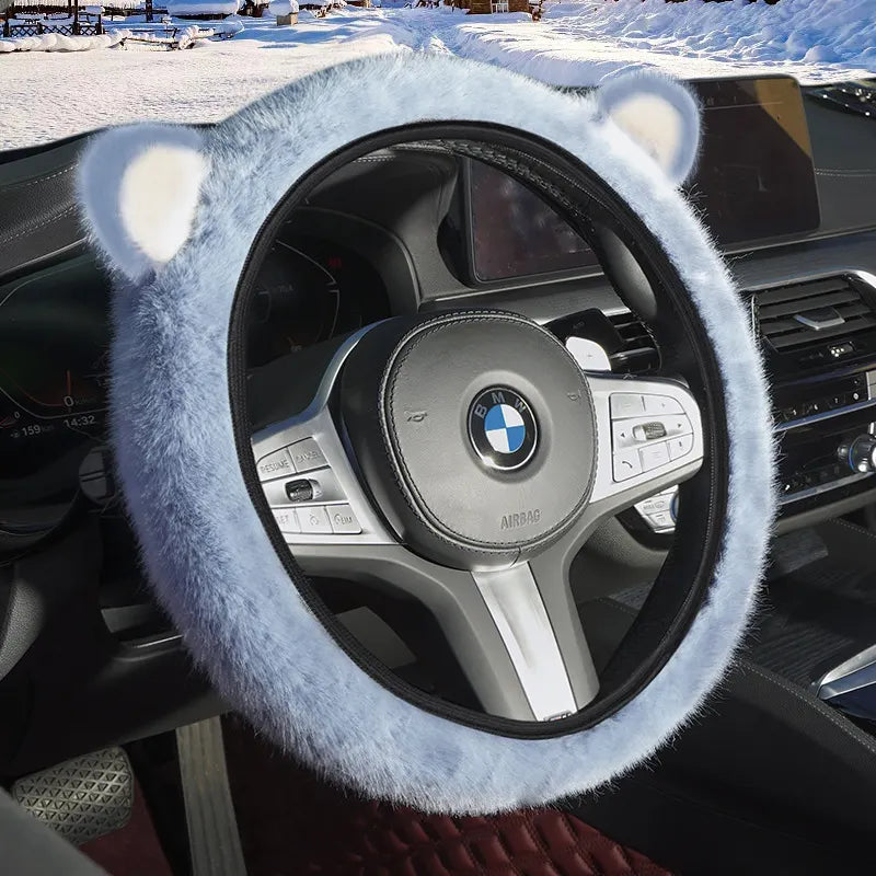 Blue Plush Cat Ear Steering Wheel Cover - Cute & Fuzzy Winter Grip, Universal 38cm Fit
