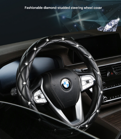 White Luxury Bling Steering Wheel Cover - Black Quilted Leather with Crystal Rhinestones, Universal 38cm Fit - Image 2