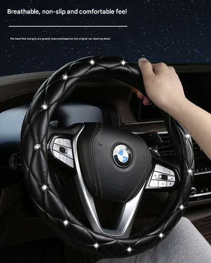 White Luxury Bling Steering Wheel Cover - Black Quilted Leather with Crystal Rhinestones, Universal 38cm Fit - Image 4