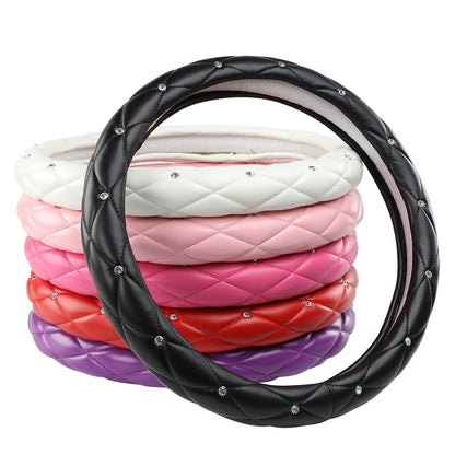 White Luxury Bling Steering Wheel Cover - Black Quilted Leather with Crystal Rhinestones, Universal 38cm Fit - Image 8