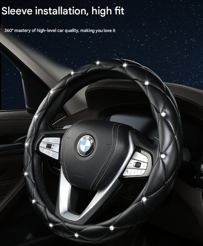 Red Luxury Bling Steering Wheel Cover - Black Quilted Leather with Crystal Rhinestones, Universal 38cm Fit - Image 3