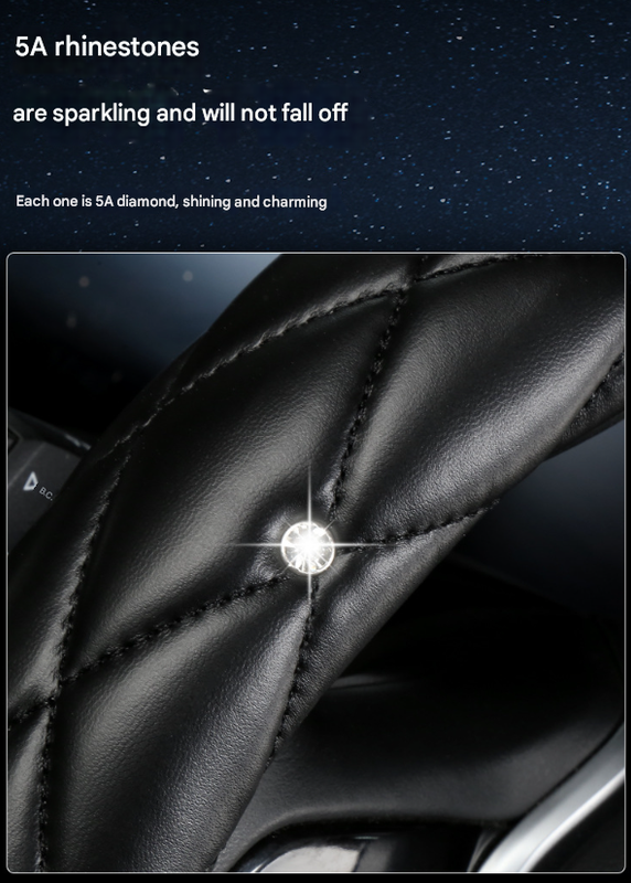 Black and White Luxury Bling Steering Wheel Cover - Black Quilted Leather with Crystal Rhinestones, Universal 38cm Fit - Image 5