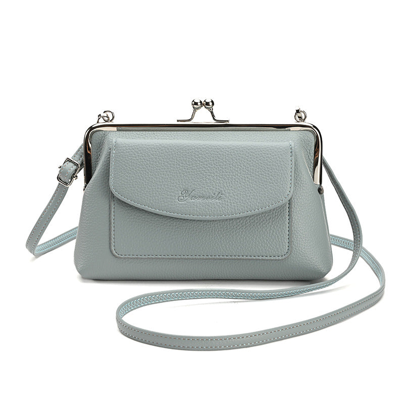 Blue Women's Vintage Kiss Lock Crossbody Bag - PU Leather Clutch Purse with Detachable Strap
