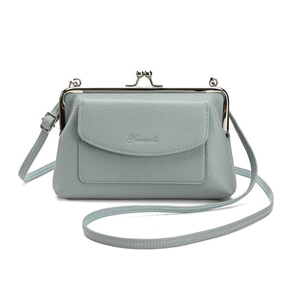 Blue Women's Vintage Kiss Lock Crossbody Bag - PU Leather Clutch Purse with Detachable Strap
