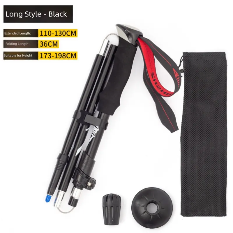 Long Black Ultralight Foldable Hiking Pole - Adjustable Aluminium Trekking Stick with EVA Grip for Outdoor Walking & Climbing