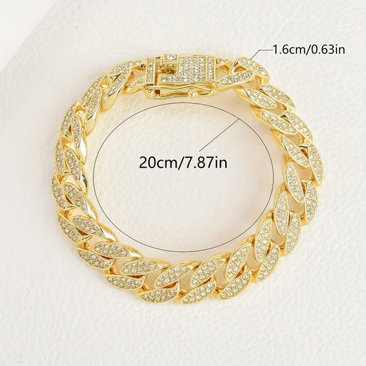Gold 16mm Iced Out Cuban Link Bracelet - Heavy Paved Rhinestone Hip Hop Chain for Men