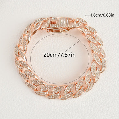 Rose Gold 16mm Iced Out Cuban Link Bracelet - Heavy Paved Rhinestone Hip Hop Chain for Men - Image 3