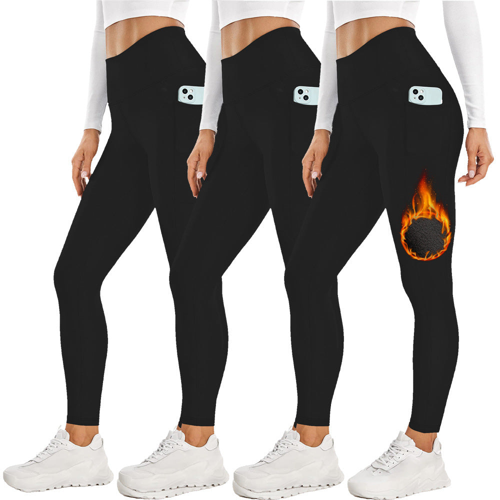 Size S Black Women's Mid Waist Plush Leggings with Pockets - Autumn and Winter Leggings with Pockets - Image 6