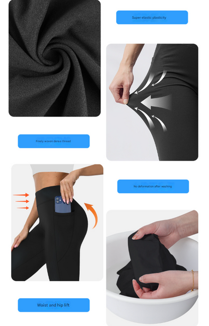 Size M Black Women's Mid Waist Plush Leggings with Pockets - Autumn and Winter Leggings with Pockets - Image 7