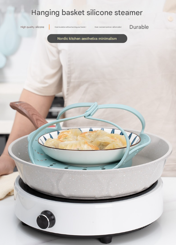 Large Blue Flexible Silicone Steamer Basket with Heat-Resistant Handles - Food-Grade Vegetable Steamer Insert for Pots & Pans - Image 2