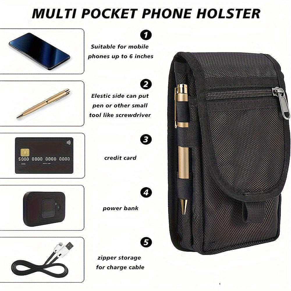 Black Heavy-Duty Tactical Phone Pouch - Multi-Pocket Belt Holster & Utility Waist Bag for Outdoor Work and EDC - Image 6