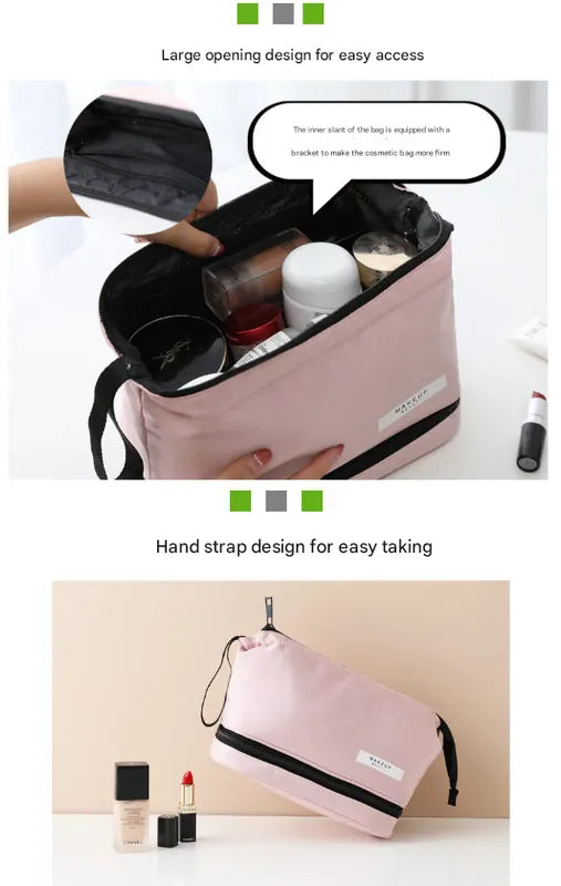 Pink Chic Dual-Compartment Makeup & Toiletry Bag - Large Capacity Travel Organizer with Brush Holder - Image 2