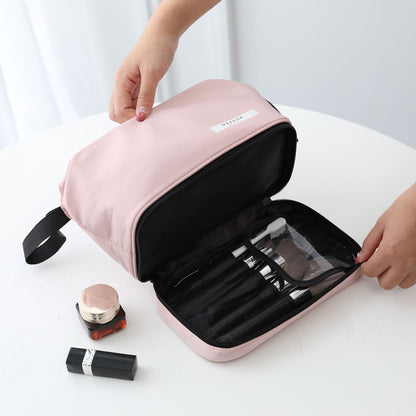 Grey Chic Dual-Compartment Makeup & Toiletry Bag - Large Capacity Travel Organizer with Brush Holder - Image 3