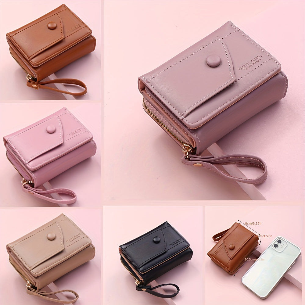 Brown Chic Compact Trifold Wallet for Women - PU Leather Card Holder with Zipper Coin Purse & Wristlet Strap - Image 2
