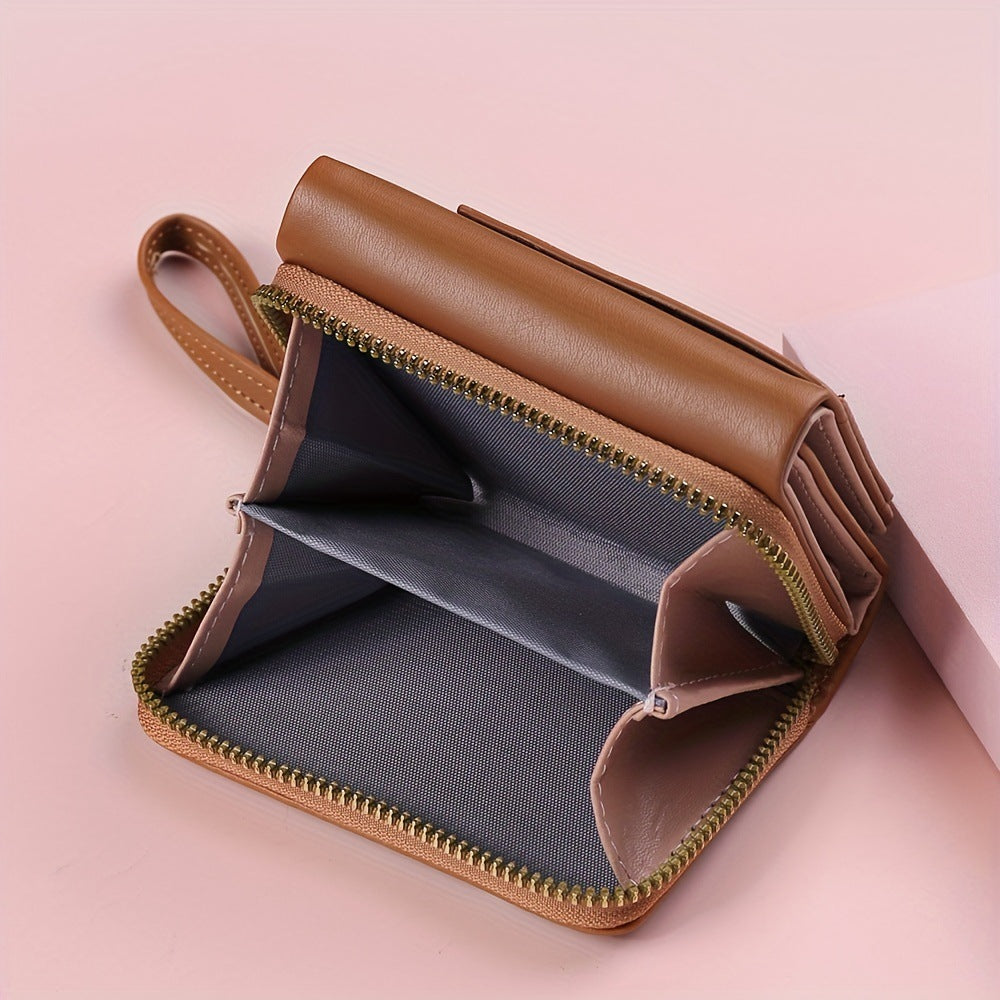 Brown Chic Compact Trifold Wallet for Women - PU Leather Card Holder with Zipper Coin Purse & Wristlet Strap - Image 4