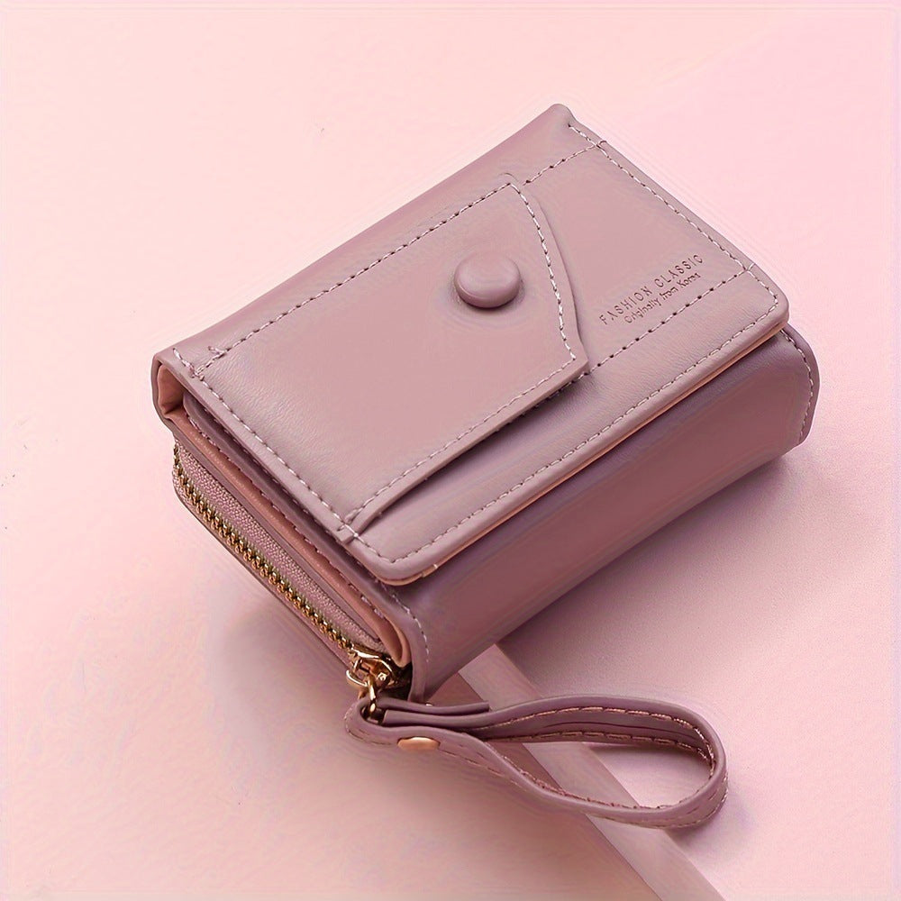 Brown Chic Compact Trifold Wallet for Women - PU Leather Card Holder with Zipper Coin Purse & Wristlet Strap - Image 5