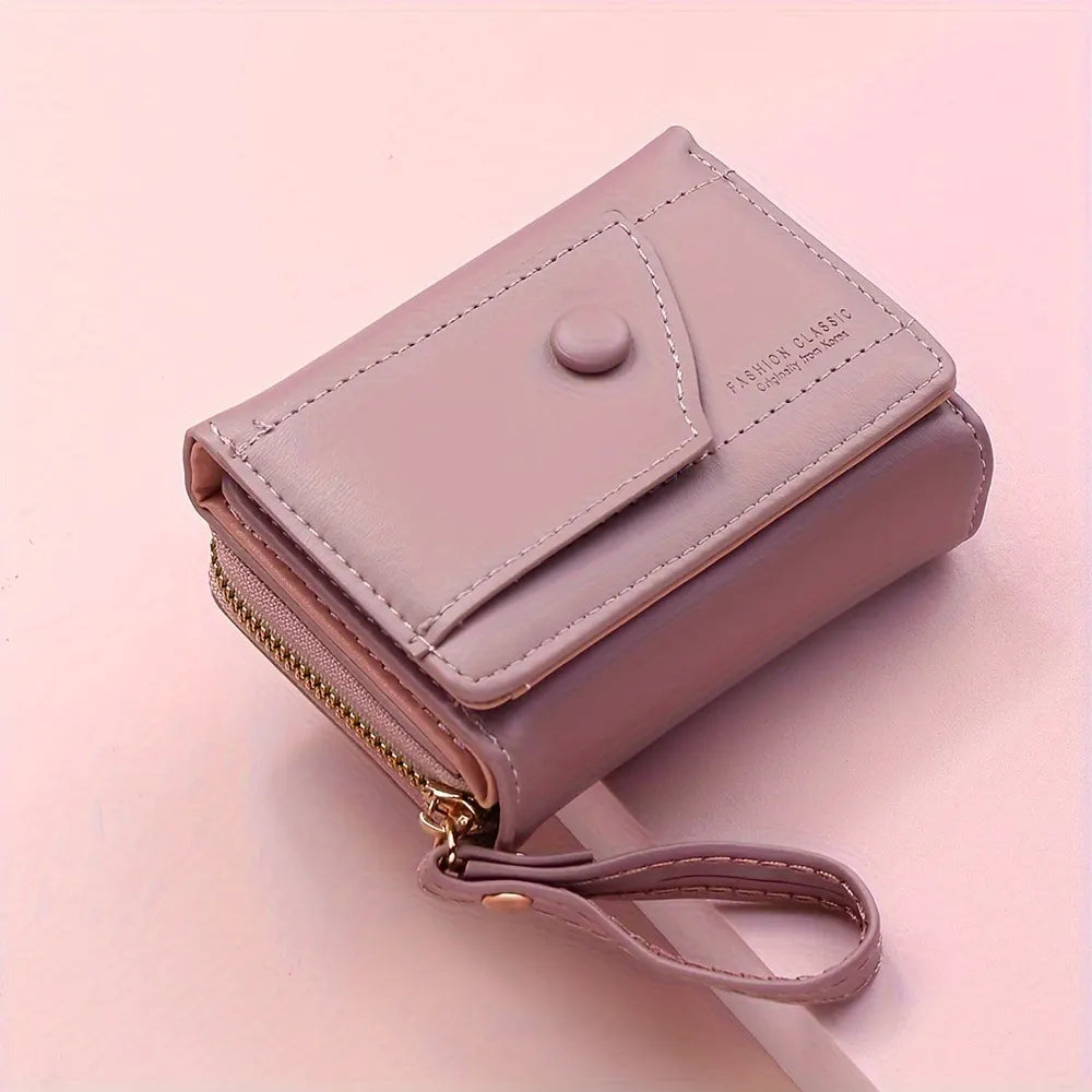 Black Chic Compact Trifold Wallet for Women - PU Leather Card Holder with Zipper Coin Purse & Wristlet Strap - Image 5