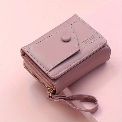 Black Chic Compact Trifold Wallet for Women - PU Leather Card Holder with Zipper Coin Purse & Wristlet Strap - Image 5