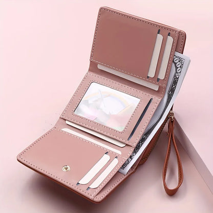 Black Chic Compact Trifold Wallet for Women - PU Leather Card Holder with Zipper Coin Purse & Wristlet Strap - Image 6