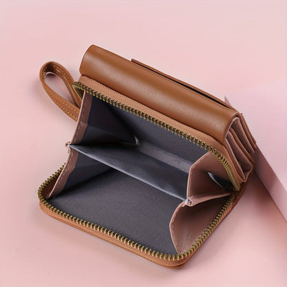Khaki Chic Compact Trifold Wallet for Women - PU Leather Card Holder with Zipper Coin Purse & Wristlet Strap - Image 4